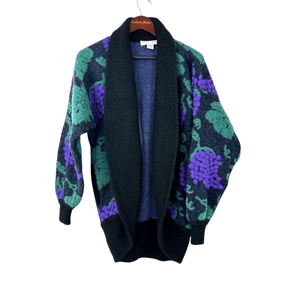 Michael Carol Women Sz L Grape Print Cardigan Mohair Balloon sleeve Sweater R1 - Picture 2 of 12